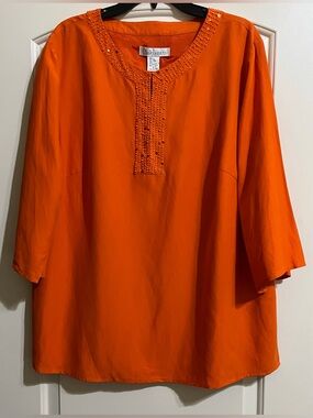 NWT Silk Assets Women’s Silk Linen Orange Beaded Sequins Embellished Blouse 1X